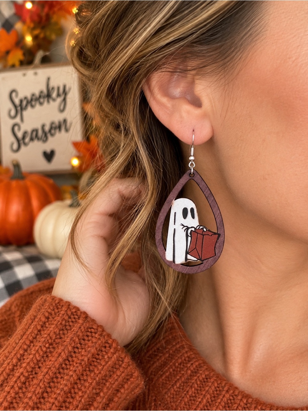 Fall Halloween Ghost Dangle Earrings Spooky Cute Trick or Treat Wood Ghostcore